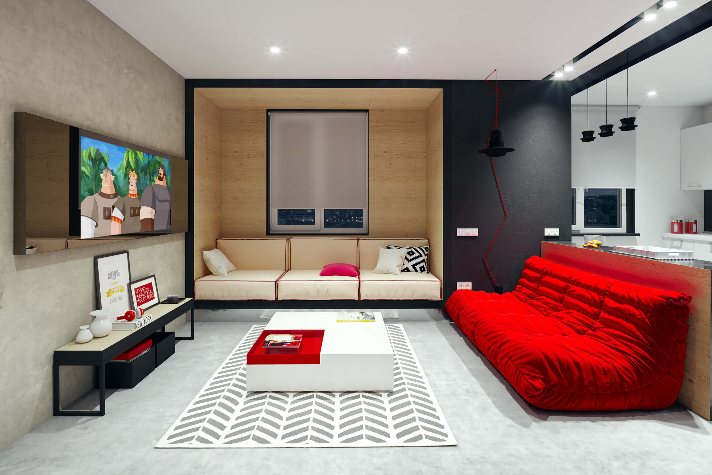 Зеркальный телевизор Tele-Art Q70W Bronze Mirror в гостиной включен