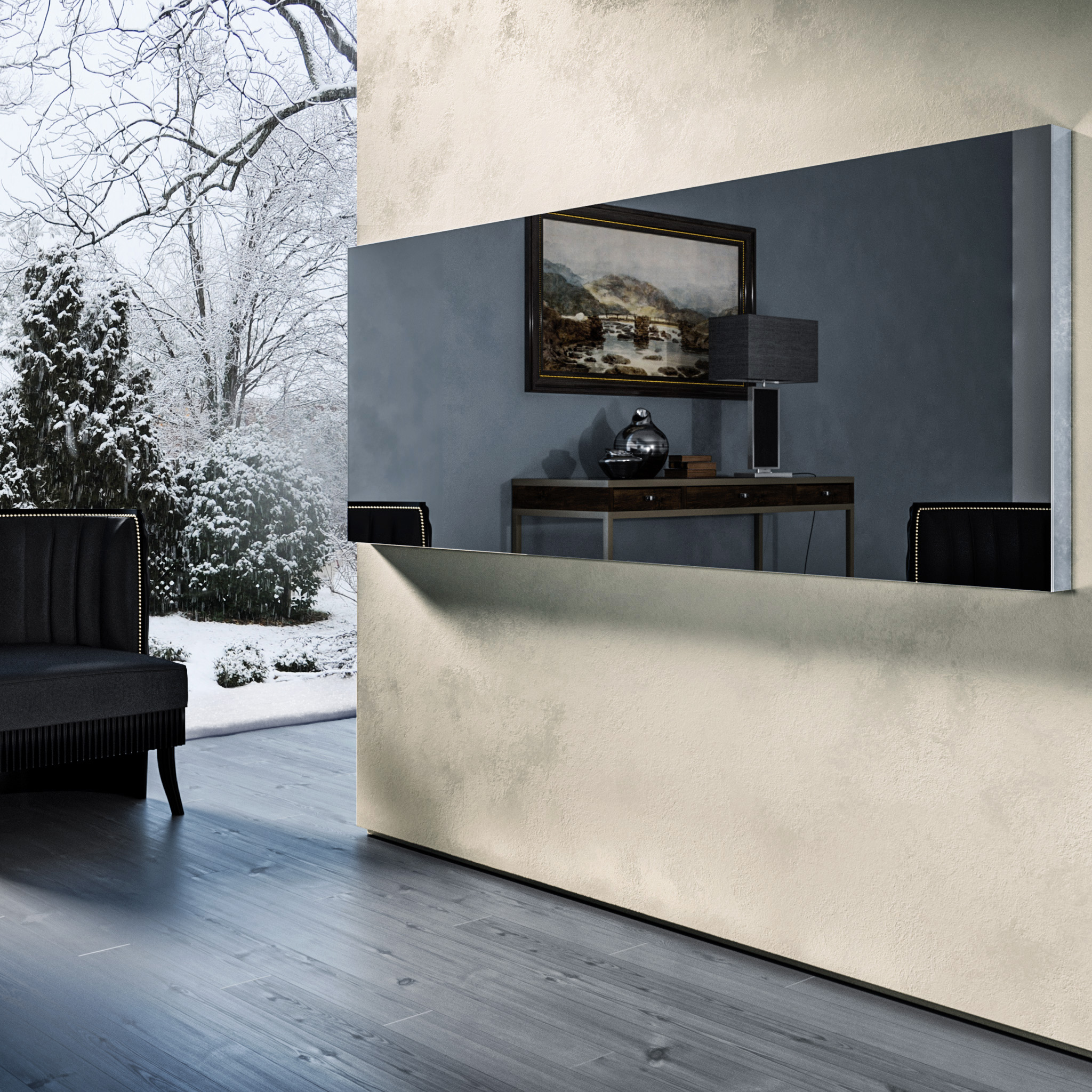 Зеркальный телевизор Tele-Art Q70W Line Mirror Grafit Mirror в выключенном состоянии Зеркальный телевизор Tele-Art Q70W Line Mirror Grafit Mirror в выключенном состоянии